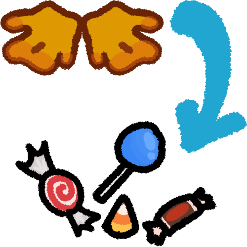 two emoji-yellow outstretched hands with a blue arrow pointing down to various pieces of candy